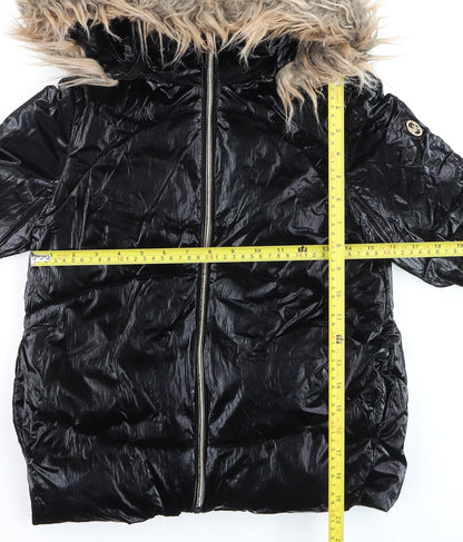 Michael Kors Girls Black Fur Trim Hooded Puffer Jacket 7-8 Years Winter Coat