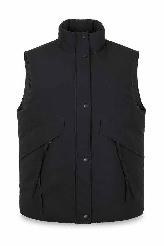 Front view of MISSPAP unisex black padded puffer waistcoat, size S