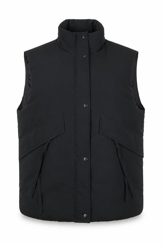 Front view of MISSPAP unisex black padded puffer waistcoat, size S