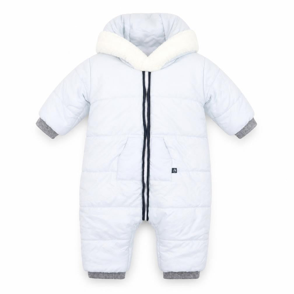 Front view of Absorba unisex baby blue hooded puffer snowsuit 12 months winter warm