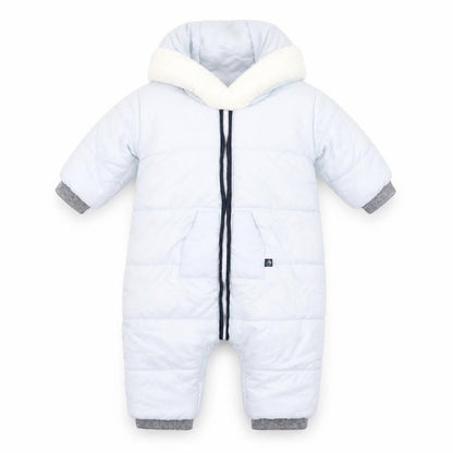 Front view of Absorba unisex baby blue hooded puffer snowsuit 12 months winter warm