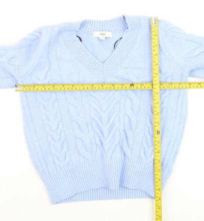 Marks and Spencer Women Blue Cable-Knit V-Neck Jumper Size S