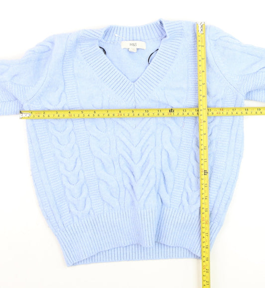 Marks and Spencer Women Blue Cable-Knit V-Neck Jumper Size S