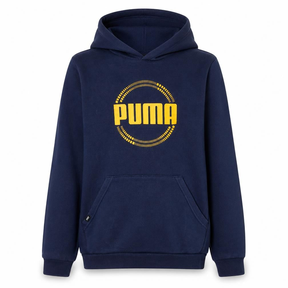 Front view of Puma boys’ navy blue pullover hoodie 15-16 years cotton blend logo sweatshirt