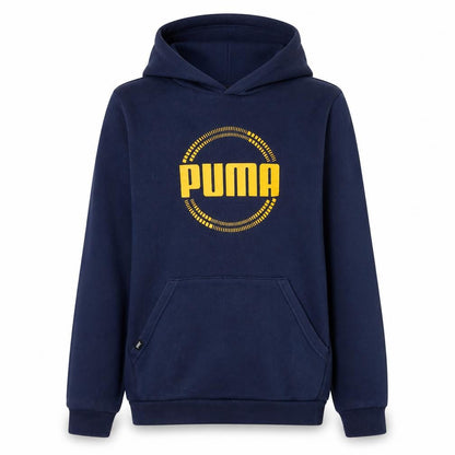 Front view of Puma boys’ navy blue pullover hoodie 15-16 years cotton blend logo sweatshirt