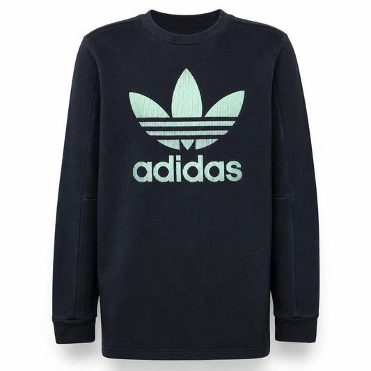 Front view of Adidas boys’ black crew neck pullover sweatshirt, size 13-14, years