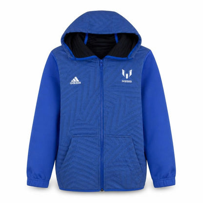 Front view of Adidas boys’ blue full zip messi hoodie, size 13-14, years with logo print