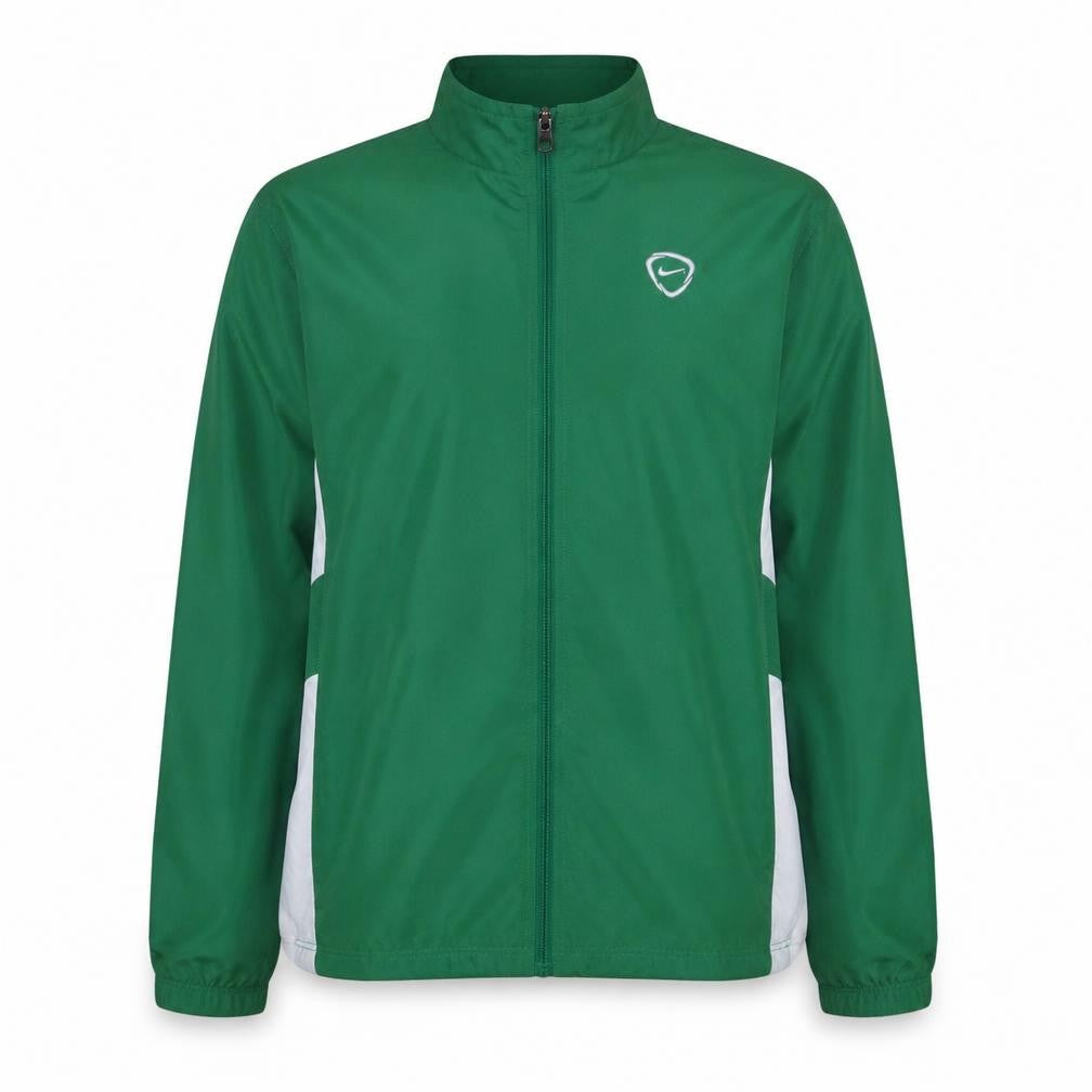 Front view of Nike boys’ green dri-fit xl track jacket lightweight full zip sports top