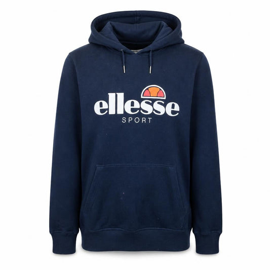 Front view of Ellesse Women’s Navy Blue Pullover Hoodie, size M, Cotton Blend Sport Style
