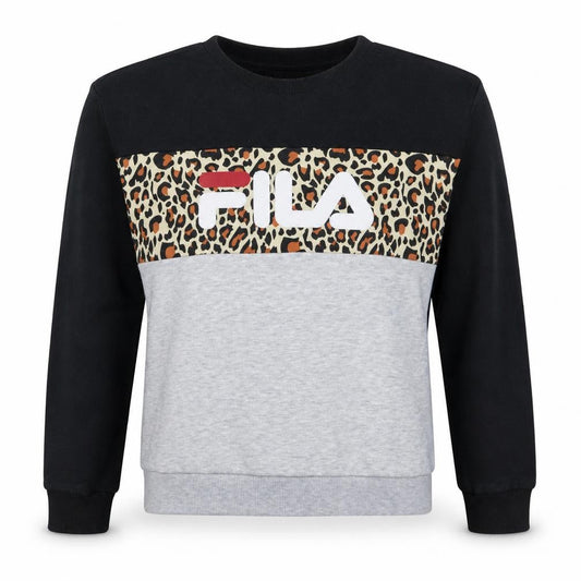 Front view of Fila women’s black grey animal print sweatshirt, size S