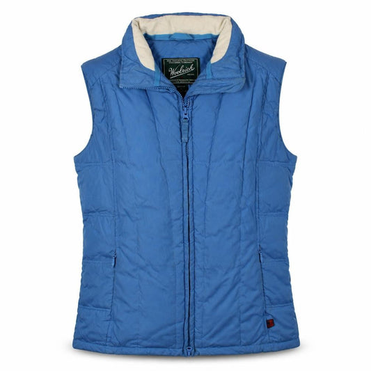 Front view of Woolrich women’s blue quilted puffer waistcoat, size S