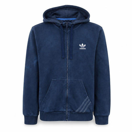 Front view of adidas Men's Blue Full Zip Hoodie, size S, Fleece Casual Sportswear