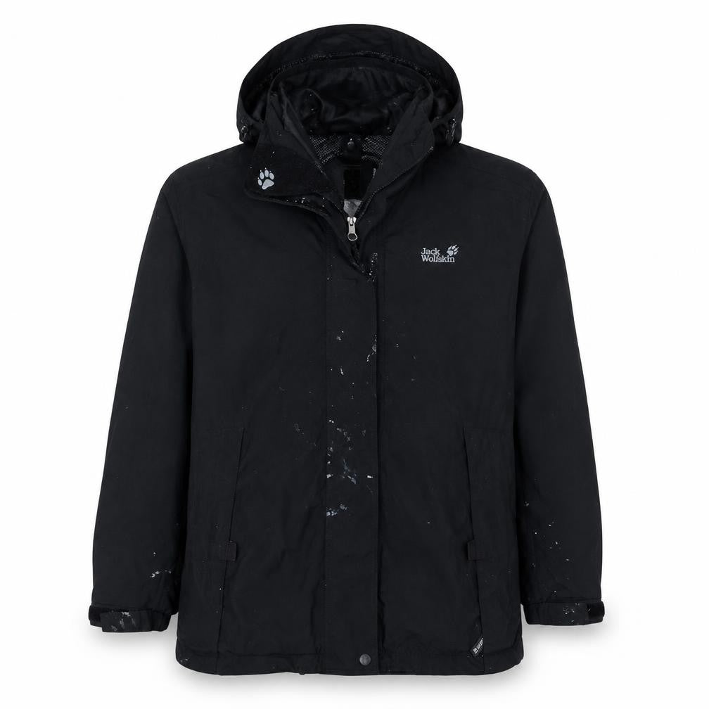 Front view of Jack Wolfskin unisex black l waterproof parka jacket hooded outdoor