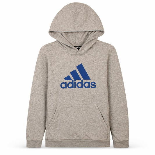 Front view of Adidas boys’ grey pullover hoodie 13-14 years logo print sportswear