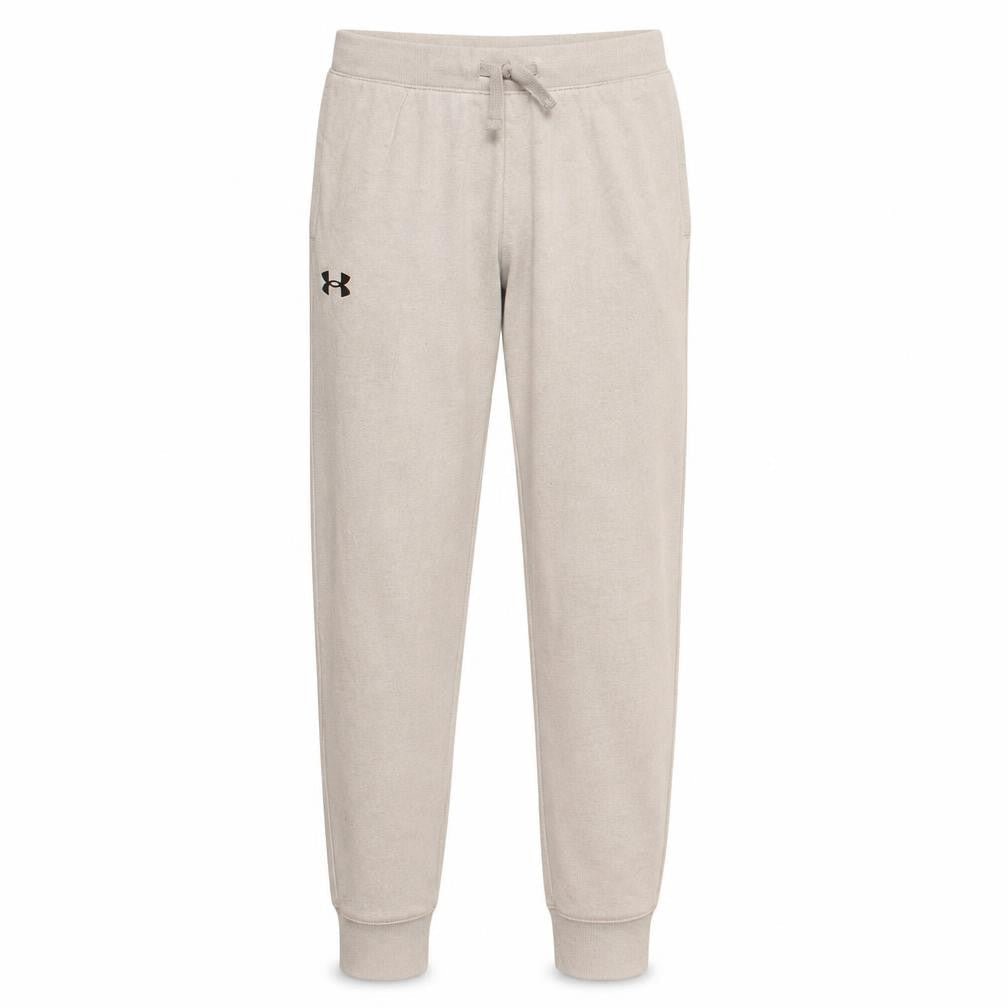 Front view of Under Armour boys’ grey jogger sweatpants ylg loose fit activewear