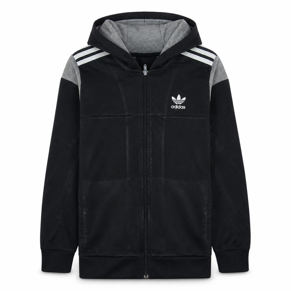 Front view of Adidas boys’ black full zip hoodie 13-14 years grey trim hooded sweatshirt