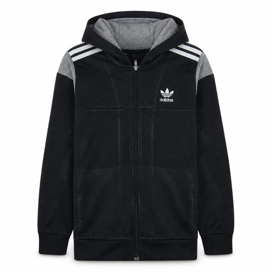 Front view of Adidas boys’ black full zip hoodie 13-14 years grey trim hooded sweatshirt