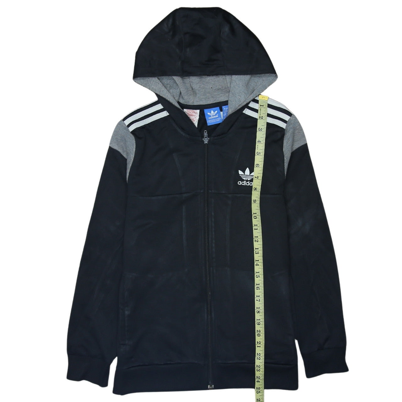 Adidas Boys Black Full Zip Hoodie 13-14 Years Grey Trim Hooded Sweatshirt