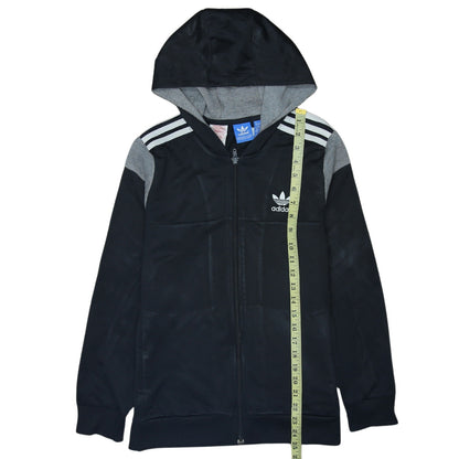 Adidas Boys Black Full Zip Hoodie 13-14 Years Grey Trim Hooded Sweatshirt