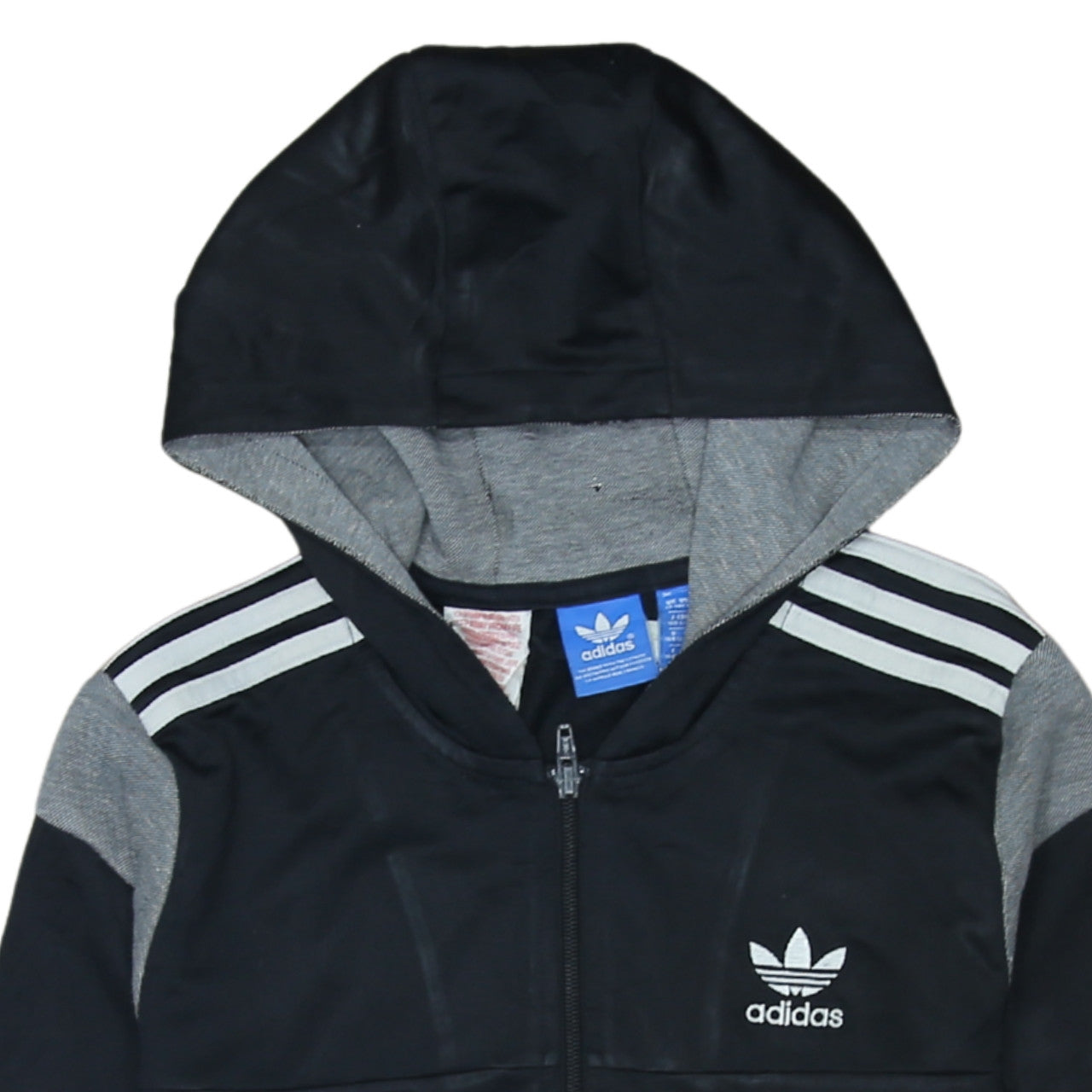 Adidas Boys Black Full Zip Hoodie 13-14 Years Grey Trim Hooded Sweatshirt