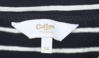 Cotton Traders Women Blue Striped Long Sleeve Boat Neck Cotton T-Shirt Size 14