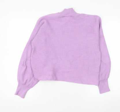 Bershka Women Purple Mock Neck Ribbed Knit Jumper Size L