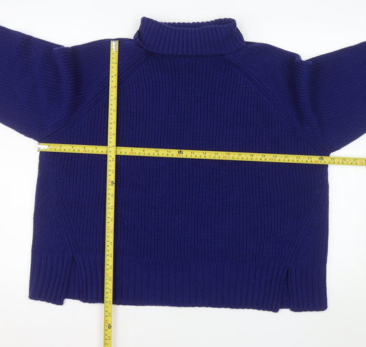 Jaeger Women Blue Roll Neck Ribbed Jumper Medium 100% Merino Wool