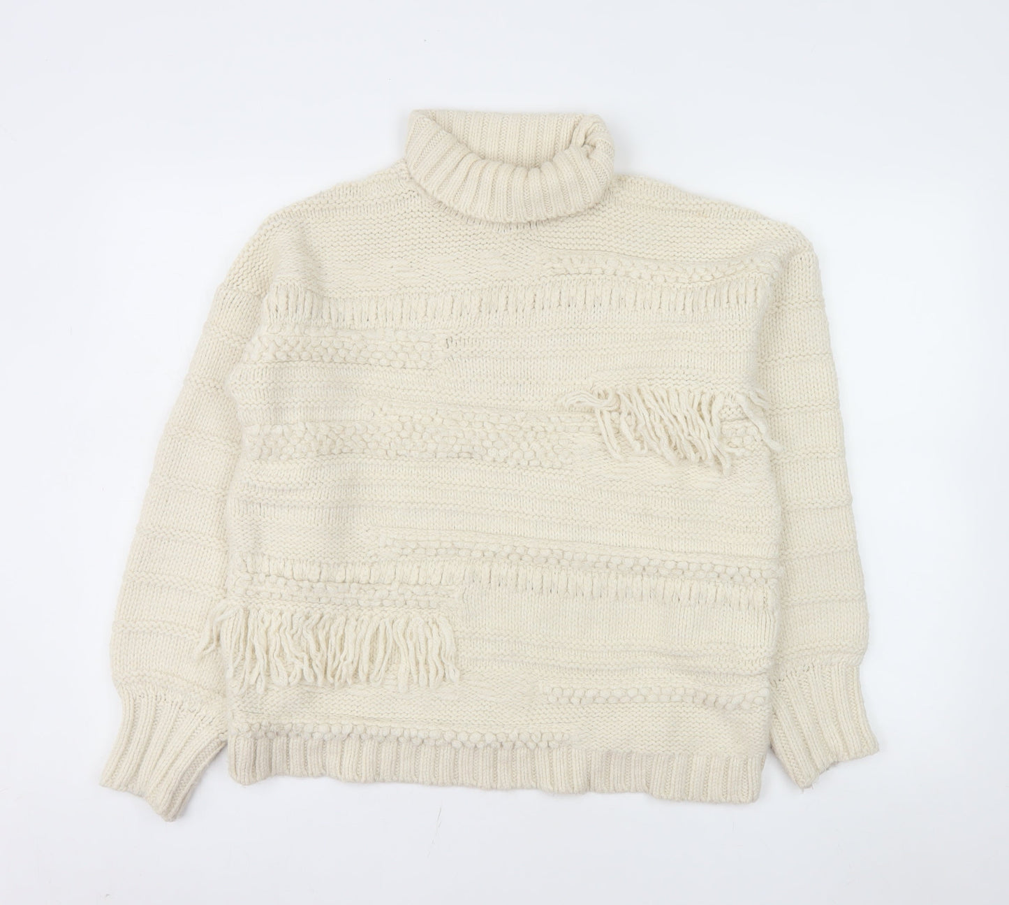 ASOS Design Women Ivory Roll Neck Knit Fringe Jumper Size 10