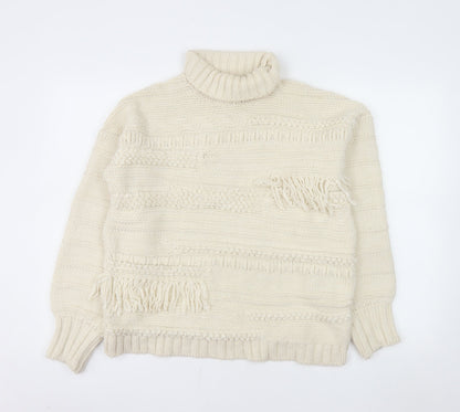 ASOS Design Women Ivory Roll Neck Knit Fringe Jumper Size 10