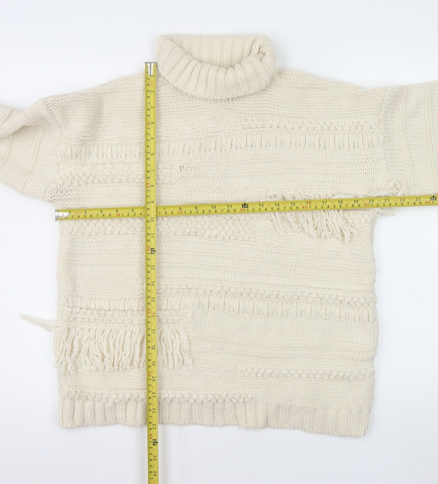 ASOS Design Women Ivory Roll Neck Knit Fringe Jumper Size 10