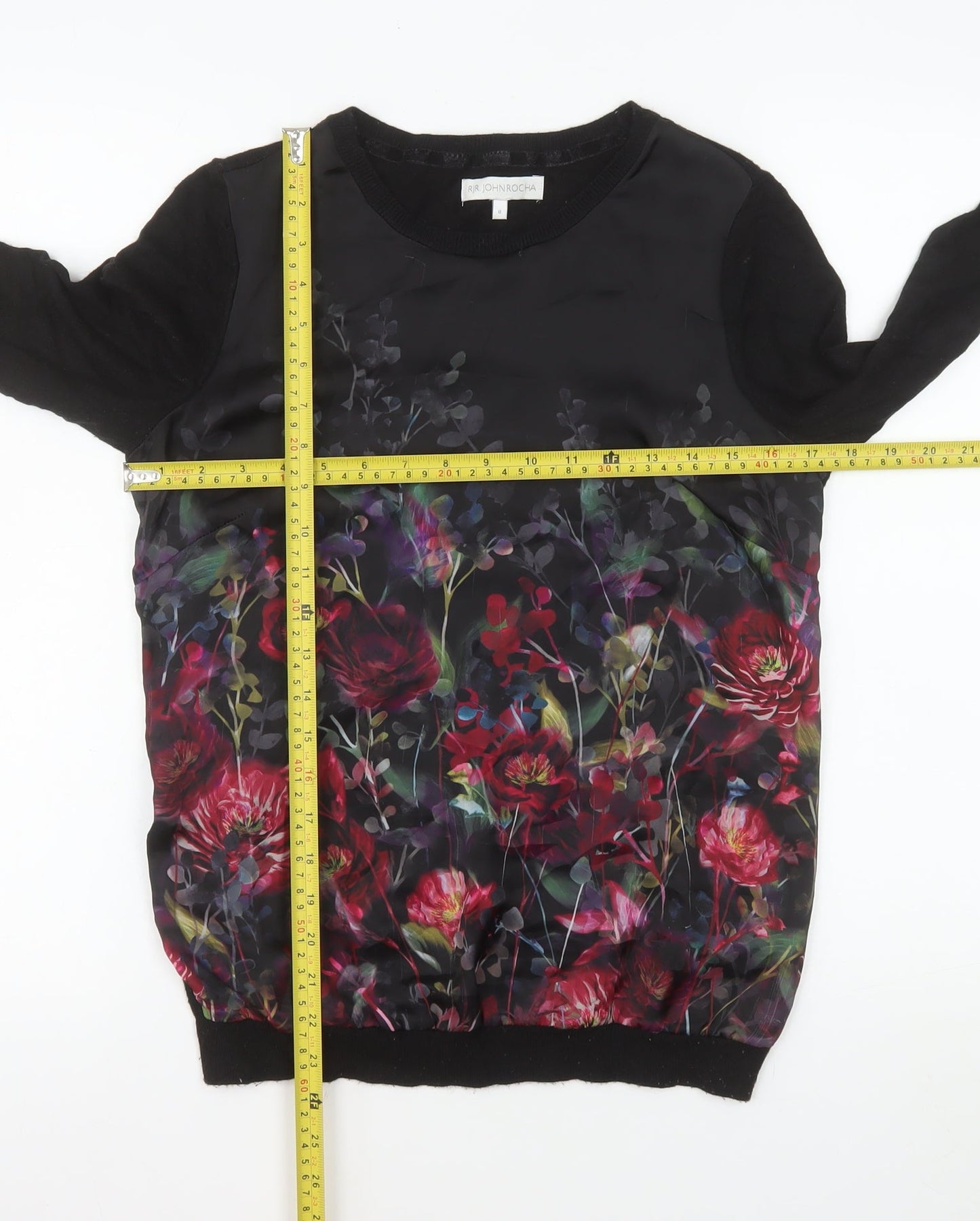 RJR John Rocha Women's Black Floral Long Sleeve Tunic Blouse Size 8
