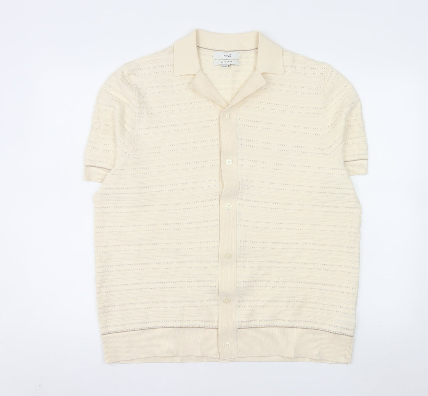 Marks and Spencer Men's Beige Cotton Blend Short Sleeve Polo Shirt L