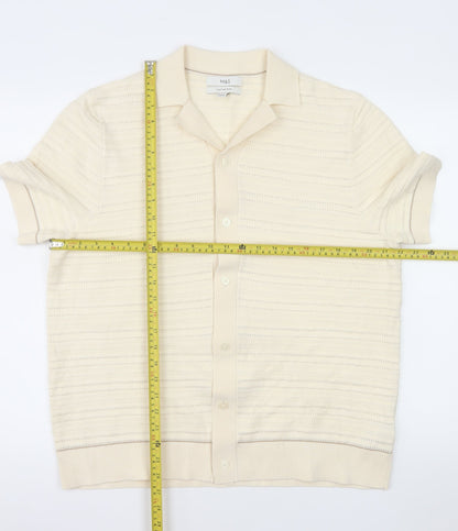 Marks and Spencer Men's Beige Cotton Blend Short Sleeve Polo Shirt L