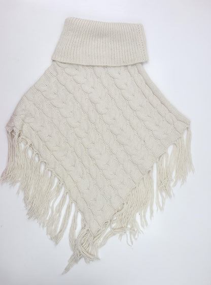 F&F Women Beige Cable-Knit Cape Poncho M/L Knit Fringed Acrylic