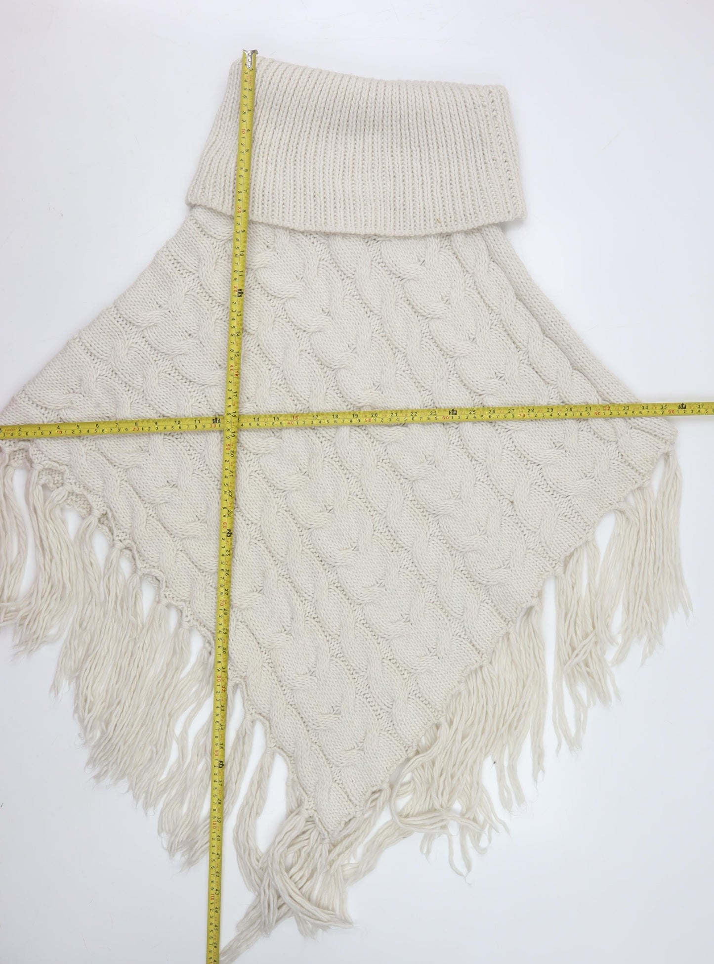 F&F Women Beige Cable-Knit Cape Poncho M/L Knit Fringed Acrylic