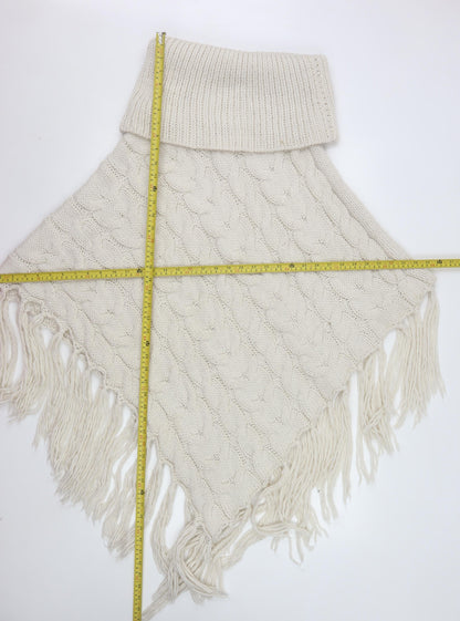 F&F Women Beige Cable-Knit Cape Poncho M/L Knit Fringed Acrylic