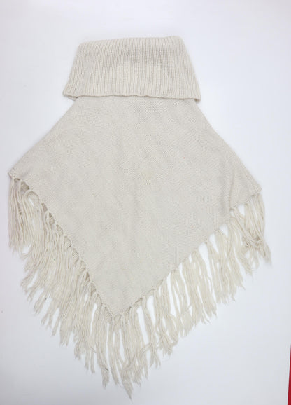 F&F Women Beige Cable-Knit Cape Poncho M/L Knit Fringed Acrylic