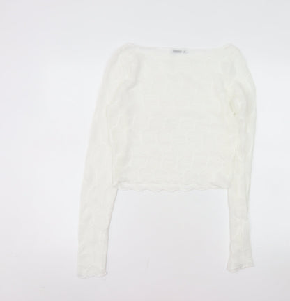 Bershka Women’s White Cropped Long Sleeve Slim Fit Top Size 12