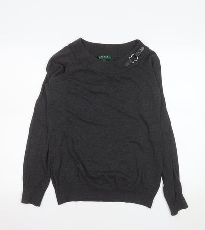 Lauren Ralph Lauren Women's Dark Grey XL Buckle Neck Cotton Jumper