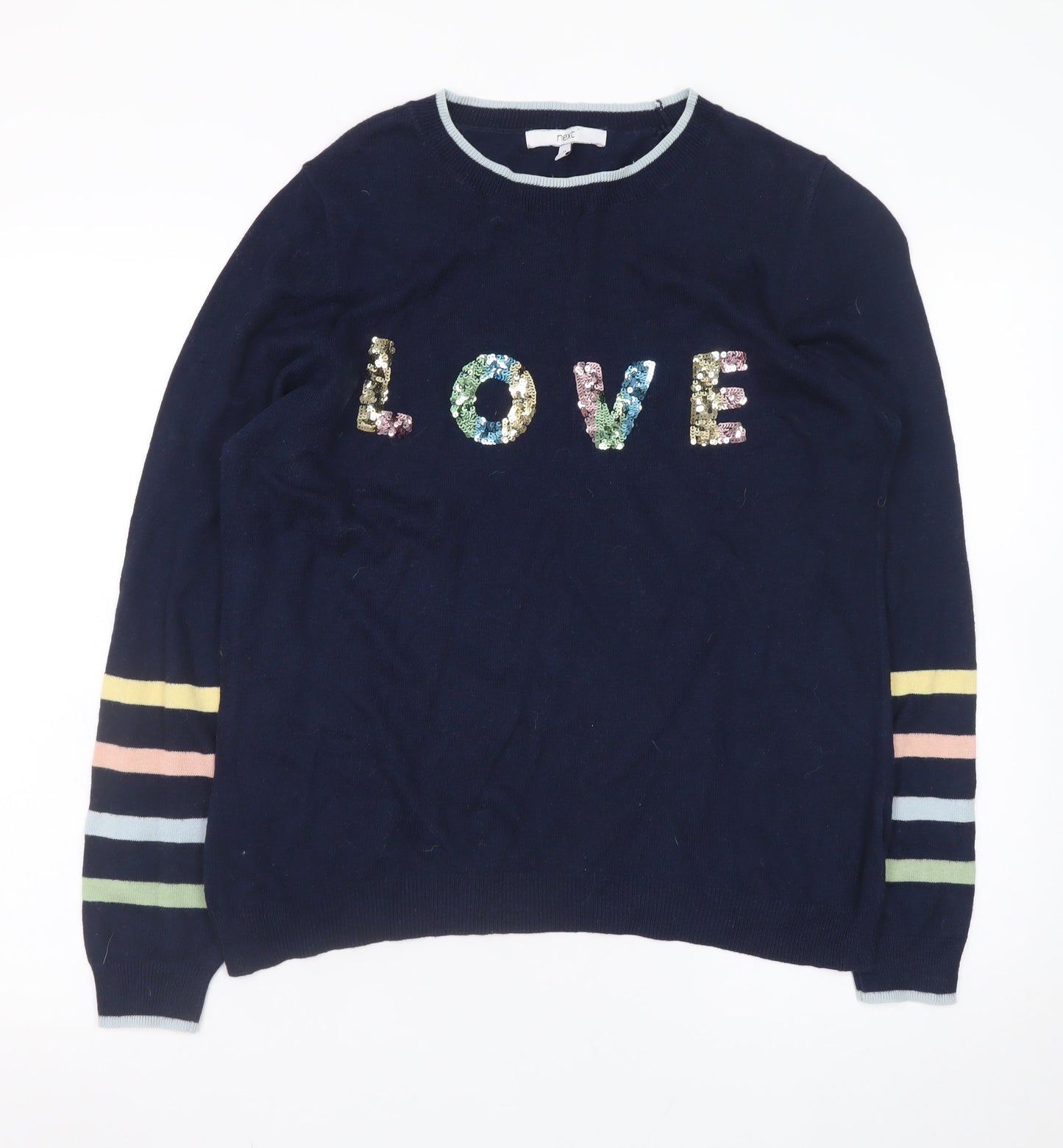 Next Women Navy Sequin LOVE Jumper Size 14 Acrylic Cotton Blend