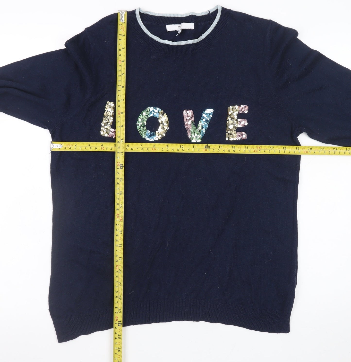 Next Women Navy Sequin LOVE Jumper Size 14 Acrylic Cotton Blend