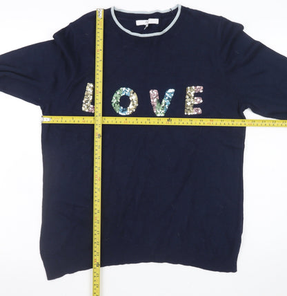 Next Women Navy Sequin LOVE Jumper Size 14 Acrylic Cotton Blend