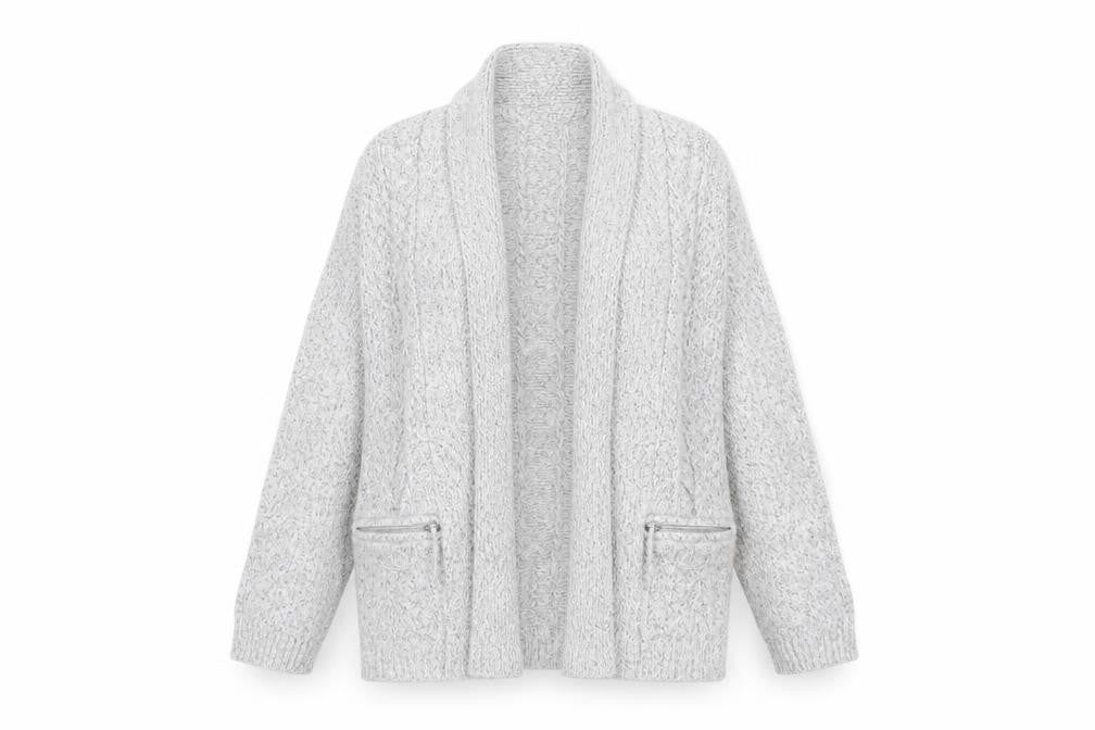 Front view of Maine New England Women's Grey Cable-Knit Open Cardigan, size 12