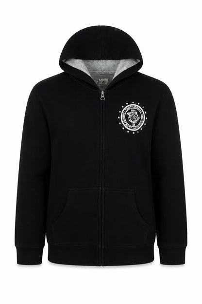Front view of Old Navy boys’ black full zip hoodie, size 10-12, years fleece jacket