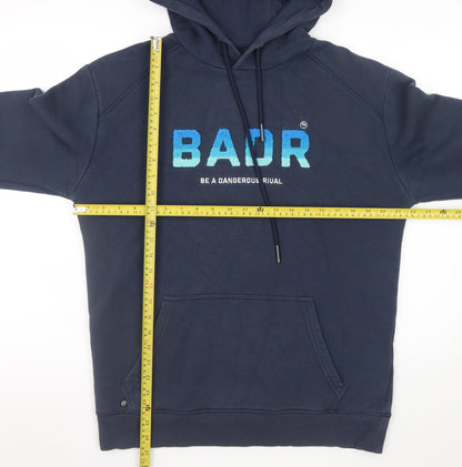 BADR Men Blue Pullover Hoodie L Graphic Print Hooded Sweatshirt