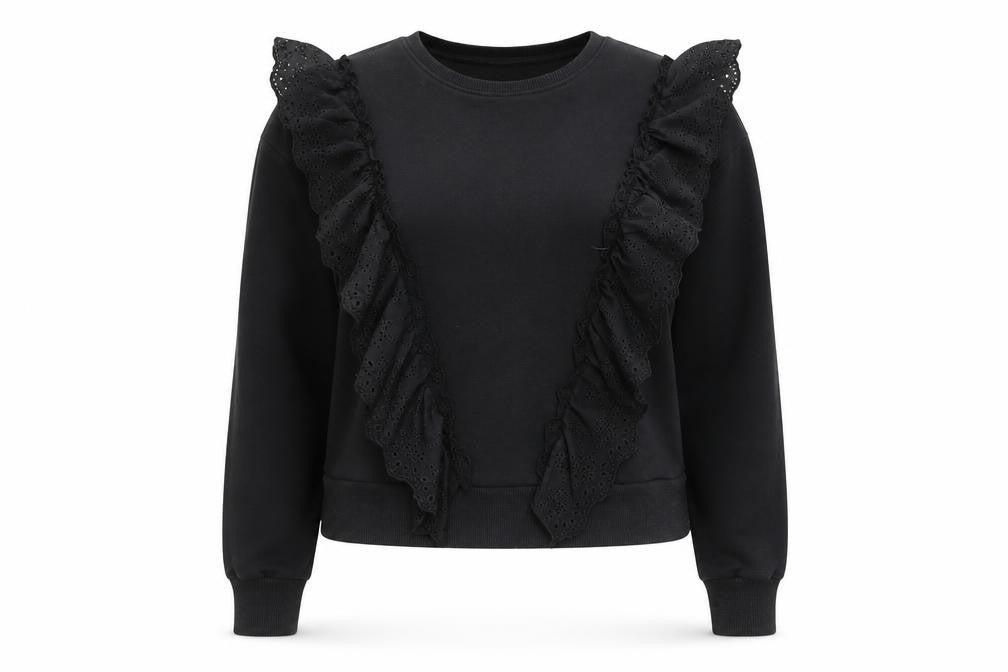 Warehouse Women Black Ruffle Long Sleeve Pullover Sweatshirt Size M