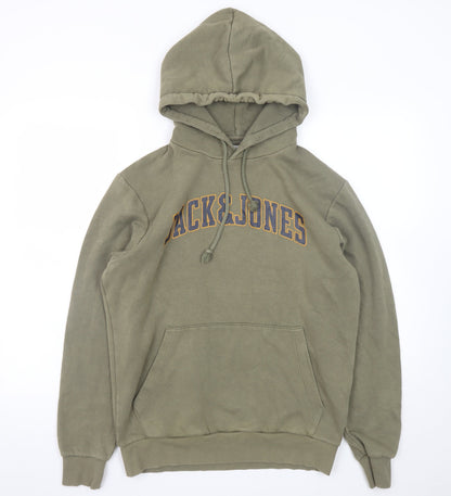 Jack & Jones Men's Green Pullover Hoodie Size M Logo Graphic Sweatshirt