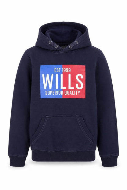 Front view of Jack Wills boys’ blue pullover hoodie 10-11 years fleece graphic print