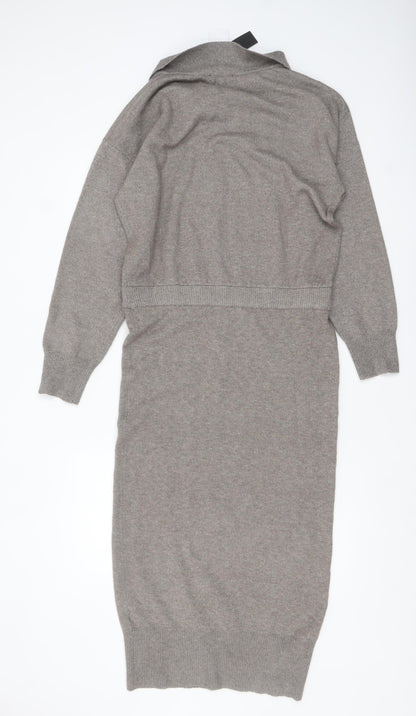 M Lounge Women Grey Midi Bodycon Knit Collared Dress M