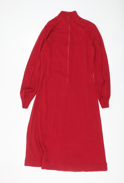 Tricoville Women Red Wool Knit High Neck Long Sleeve Shift Dress UK 12